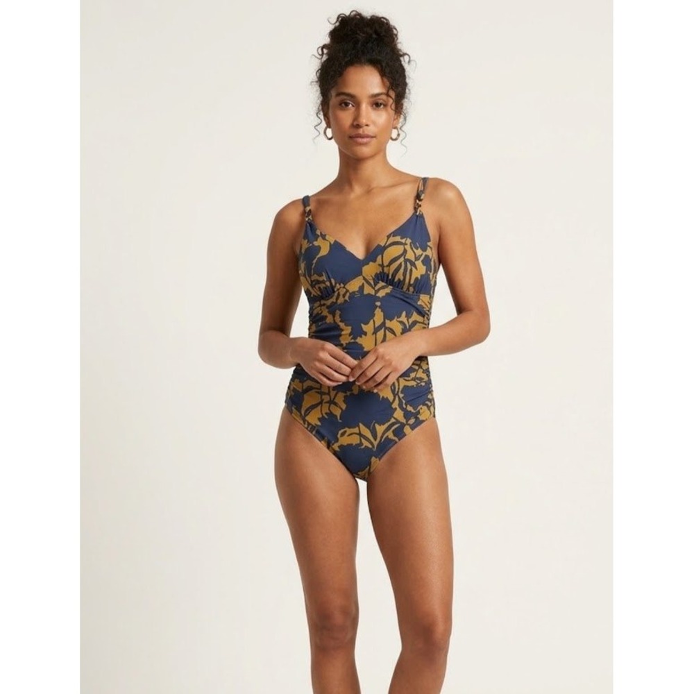 Lands End One Piece Swimsuit Women 18 Blue Gold Floral Braided Strap Swimwear